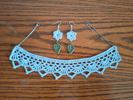 Choker and Earring set- Silver Flower and Leaves