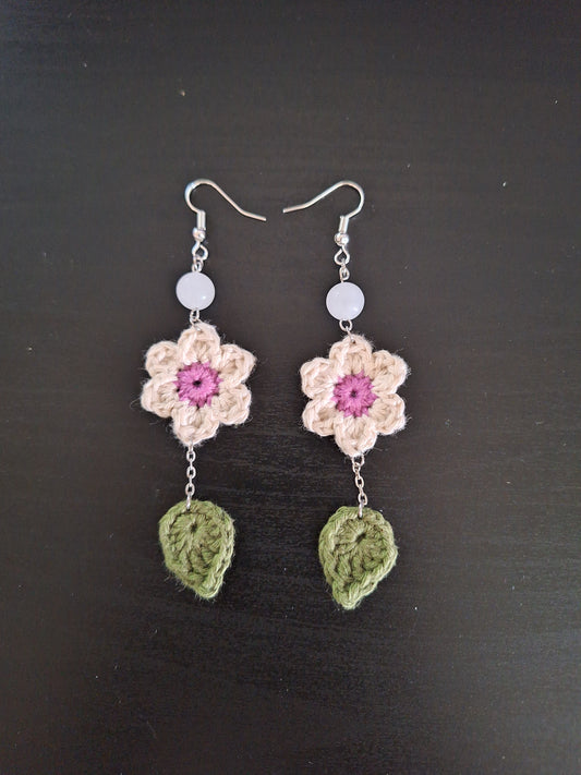 Earrings- Flower and Leaves (Cherry bead)