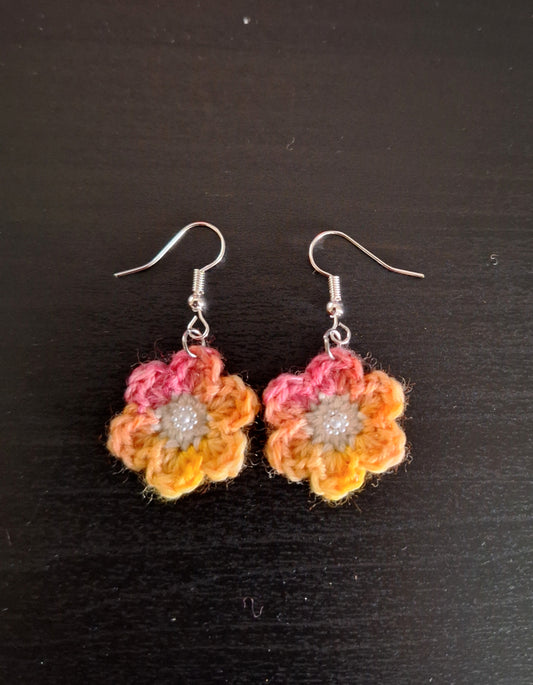Earrings- Pink Orange and Yellow Flower White center